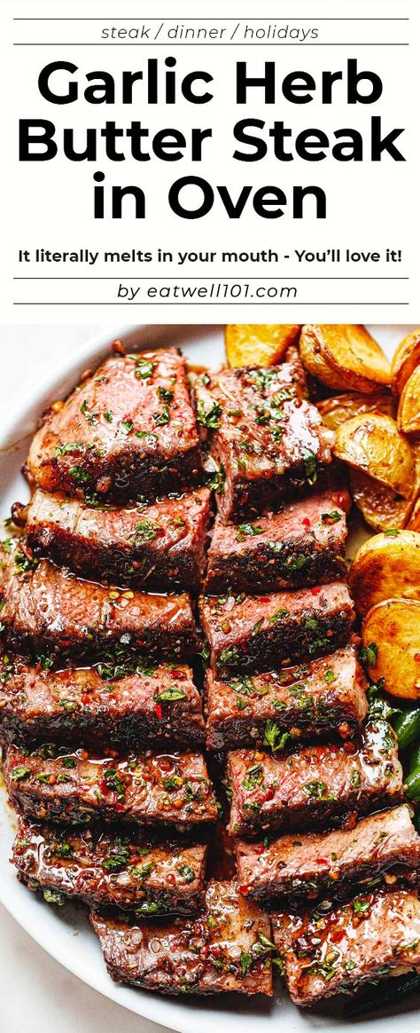 Oven Roasted Steak - #steak #recipe #eatwell101 - This melt in your mouth tomahawk rib-eye steak recipe is just what you need to celebrate the holidays this year! - #recipe by #eatwell101® Garlic Herb Butter Steak, Rib Eye Steak Recipes Oven, Herb Butter Steak, Fillet Steak Recipes, Oven Roasted Steak, Round Eye Steak Recipes, Roasted Steak, Herb Butter For Steak, Chuck Steak Recipes