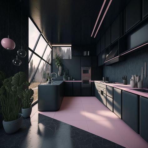 Black Pink Decor, Pink Black Interior, Matte Black Apartment, Pink And Black Kitchen Decor, Pink Black Kitchen, Pink And Black Kitchen Ideas, Black And Pink House Decor, Pink And Black Apartment Decor, Black And Pink House