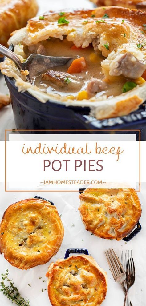 Individual Beef Pot Pies are the perfect comforting dinner idea for cold nights! This hearty winter recipe is loaded with tender beef and full of vegetables and flavor. Save this homemade pot pie recipe for later! Pot Pies With Pie Crust, Mini Beef Pot Pies, Homemade Pot Pie Recipe, Meat Pot Pie, Hearty Winter Recipes, Beef Pot Pie Recipe, Homemade Pot Pie, Beef Pot Pie, Individual Chicken Pot Pies