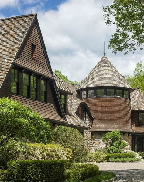 Cedar Shingle Homes, Round Staircase, Shingle Style Architecture, Cedar Shingle Siding, New Canaan Connecticut, Shingle House, Shingle Style Homes, Shingle Siding, Cedar Shingles