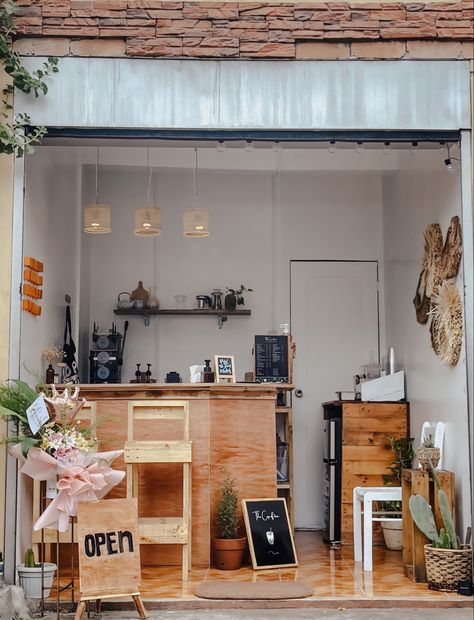 Milk tea and Coffee shop Tiny Cafe Design Coffee Shop, Tiny Coffee Shop Design Interior, Small Tea Shop Interior Design, Garage Coffee Shop Ideas, Small Tea Shop Ideas, Micro Coffee Shop, Milk Tea Shop Design Interior Small, Small Milk Tea Shop Design, Coffee Shop Design Interior Small Spaces