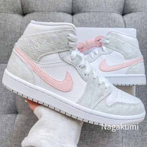 Nike Air Jordan 1 Mid Baby Elephant Shoes New Release + Special Release These Shoes Come With Women’s Size: Women’s 6 (Last) - Damaged Box Women’s 6.5 (Last) Women’s 7 (Last) Women’s 7.5 (Last) Women’s 8 (Last) Women’s 8.5 (Last) Color: White/ Light Grey/ Pink Brand New With Original Box 100% Authentic Classic & Retro Style Beautiful Color Combination Ship Same Or Next Day All Sales Final. #Nike #Aj1 #Jordan1 #Sneaker A21 Air Jordan 1 Mid Grey, Cute Jordans, Nike Aj1, Pink Jordans, Pink Nike Shoes, Preppy Shoes, Womens Basketball Shoes, Cute Nike Shoes, Cute Sneakers