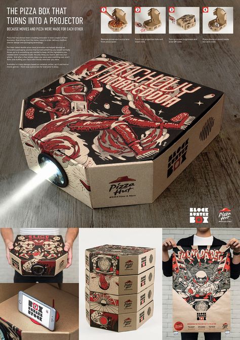 Pizza Hut Blockbuster Box — The Dieline - Branding & Packaging Pizza Box Design, Do It Yourself Decoration, Cv Original, Box Project, Innovative Packaging, Idee Pasto, Pizza Boxes, Pizza Box, Guerilla Marketing