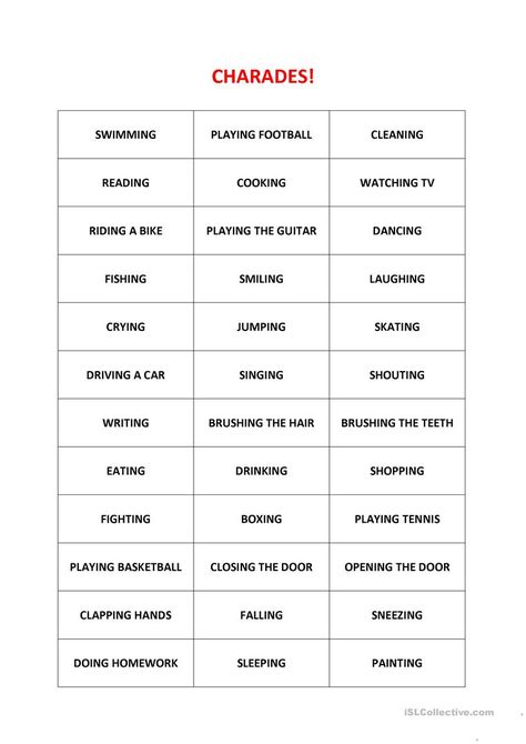 Charades! - English ESL Worksheets for distance learning and physical classrooms Charades Words, Charades For Kids, Charades Cards, Drama Activities, Charades Game, Virtual Party, Group Games, Esl Worksheets, Family Night