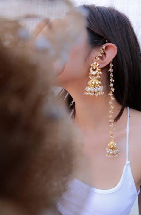 Very Fine Stylish Long Jadau Pachi Kundan Earrings with Kanchain/ Best Kundan Jhumki / Statement Earrings / Chaandbali Long Kundan Earrings Jewelry For Wedding Indian, Gold Earring Indian, Indian Earrings Aesthetic, Pahadi Jewellery, Long Earrings Indian, High Jewelry Design, Butter Paper, Bollywood Aesthetic, Periodic Elements