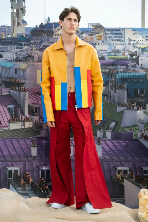 Men Bright Outfits, Men Color Blocking Outfits, Pop Art Fashion Clothes, Mens Bright Color Outfits, Men Colorful Fashion, Colorful Men’s Outfits, Maximalism Fashion Men, Weird Mens Fashion, Retro Futurism Fashion Men