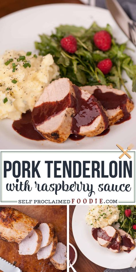 Delight the entire family by making this flavorful and healthy Pork Tenderloin with a savory balsamic Raspberry Sauce for dinner. Easter Dinner Pork Tenderloin, Fruit Sauce For Meat, Low Fodmap Pork Tenderloin Recipes, Pork Tenderloin Dipping Sauce, Dipping Sauce For Pork Tenderloin, Raspberry Pork Tenderloin, Pork Tenderloin With Chutney Recipes, Raspberry Dinner Recipes, Sauce For Pork Tenderloin Simple