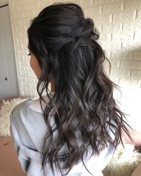 Dark Hair Updo Wedding Half Up, Bridesmaid Hair Dark Brown, Dark Hair Half Up Half Down, Bridal Hair Dark Brown, Half Up Half Down Wedding Hair Asian, Dark Brown Wedding Hair, Bridesmaid Hairstyles Dark Hair, Dark Hair Bride, Wedding Hairstyles Dark Hair