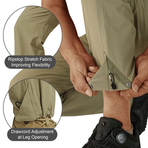 90% Nylon, 10% Spandex Buckle closure Functional Pockets: Adjustable waist and 5 nylon zipper pockets for storage and ventilation. Fabric & Lining: The quick dry cargo pants for men have reinforced knees and a comfortable, flexible design. The patchwork on the crotch increases movement and capacity for added comfort and ease of movement Ankle Design: The adjustable buckle system with snap button, woven tape, and air hole adjusts ankle size and prevents debris from enteringAdvanced Technology: Mu Waterproof Hiking Pants, Pant Details, Cargo Pants Sale, Increase Mobility, Backpack Design, Hiking Trips, Mens Outdoor Clothing, Quick Dry Pants, Urban Commuter