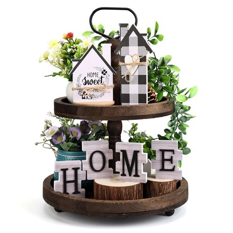 PRICES MAY VARY. FARMHOUSE TIERED TRAY DECOR SET: Kitchen table decor set includes 6 pcs of modern farmhouse decor: H O M E letter Sign*4 can be pieced together, LOVE and Buffalo Plaid sign*1, Welcome To Our Home and Buffalo Plaid sign*1. Please note, The tiered tray is not included. QUALITY WOOD AND CRAFTSMANSHIP: The tier tray decor items are made of quality wood, sturdy and strong, polished by craftsmanship and letters are clear, The unique farmhouse home decor designed with black and white k Rustic House Living Room, Rustic Home Kitchen, Small Rustic House, Living Room Table Decor, Kitchen Dining Room Decor, Farmhouse Tiered Tray Decor, Room Table Decor, Decorations For Living Room, Farmhouse Tiered Tray