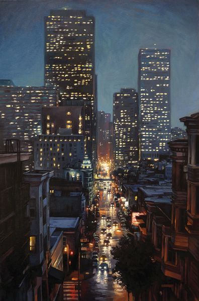 New York Night Painting, Painting Of City At Night, Night Scape Painting, City At Night Art, City Night Drawing, Rainy Night Painting, City Night Painting, City Scape Night, Painting City Night