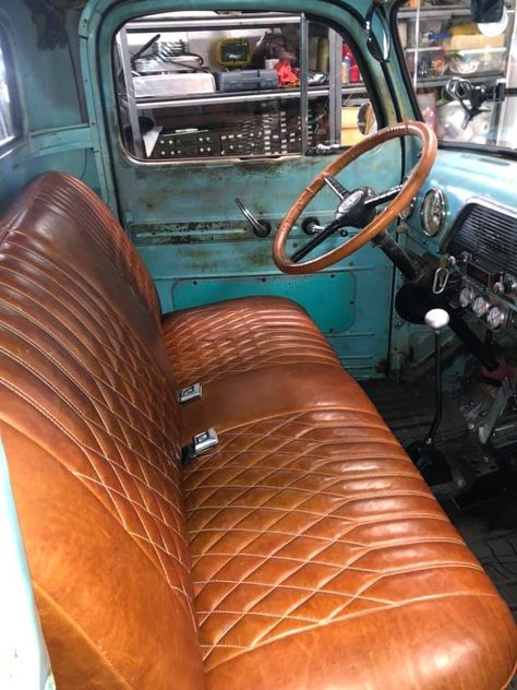 Truck Upholstery Ideas, Classic Truck Interior, Truck Bench Seat Upholstery, Vintage Truck Interior, Old Truck Interior Ideas, Leather Truck Interior, Old Truck Interior, Custom Truck Interior, Old Car Interior