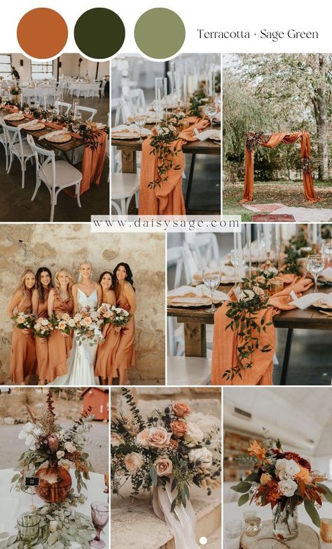 Terracotta and Sage Green Wedding Color Palette Trending Decor 2023, Orange And White Wedding, 2023 Brides, Terra Cotta Wedding, Sage Green Wedding Colors, Terracotta And Green, Rusting Wedding, Wedding Color Scheme, Wedding Color Trends