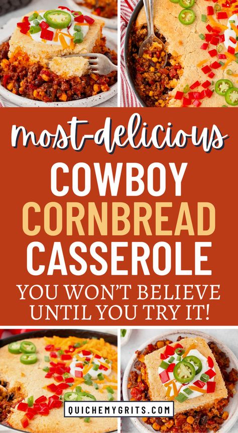 A baking dish filled with Cowboy Cornbread Casserole, featuring a golden-brown cornbread topping over a layer of seasoned ground beef and corn, with a serving spoon ready to dish out a hearty portion. The casserole is garnished with fresh parsley and surrounded by rustic kitchen elements. Cowboy Cornbread Casserole, Homemade Buttermilk Cornbread, Cornbread Topping, Cowboy Cornbread, Cornbread Casserole Recipe, Chicken Fajita Pasta, Buttermilk Cornbread, Easy Skillet Meals, Salisbury Steak Recipes