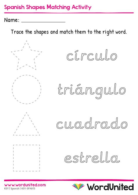 Learn the names of shapes in Spanish with this handy resource! Children can develop fine motor skills and pen control when tracing the shapes, then consolidate their Spanish vocabulary with a matching task. Supports the following areas of learning within Key Stage 1: Languages. Spanish Shapes, Spanish Preschool Activities, Shapes In Spanish, Abc Preschool, Shapes Matching, Spanish Printables, Shape Worksheets For Preschool, Preschool Spanish, Shape Activities Preschool