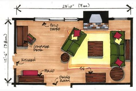 After a small addition was completed, this family room measured almost twice as long as it is wide. That, coupled with an abundance of windows and a new fireplace feature begin to further minimize the options for furniture arranging. Long Narrow Rooms, Narrow Room, Fireplace Feature, Long Narrow Living Room, Long Living Room, Narrow Rooms, Narrow Living Room, Living Room Layout, Living Room Furniture Layout