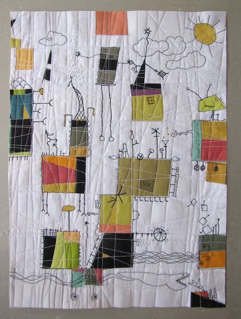 Spotlight: Paula Kovarik, Textile Artist | Create Whimsy Paula Kovarik, Thread Drawing, Patchwork Trends, Improv Quilting, Quilted Wall Hanging, Abstract Quilt, Quilt Modernen, Childrens Drawings, Kunst Inspiration