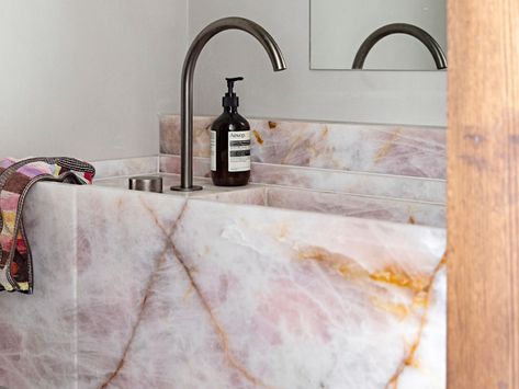 Rosa Calmante Quartzite - CDK Stone Rose Quartz Bathroom Sink, Pink Quartzite Countertops, Pink Marble Sink, Pink Granite Bathroom, Bathroom Pink Marble, Pink Stone Bathroom, Rose Quartz Sink, Pink Quartz Countertops, Rose Quartz Interiors