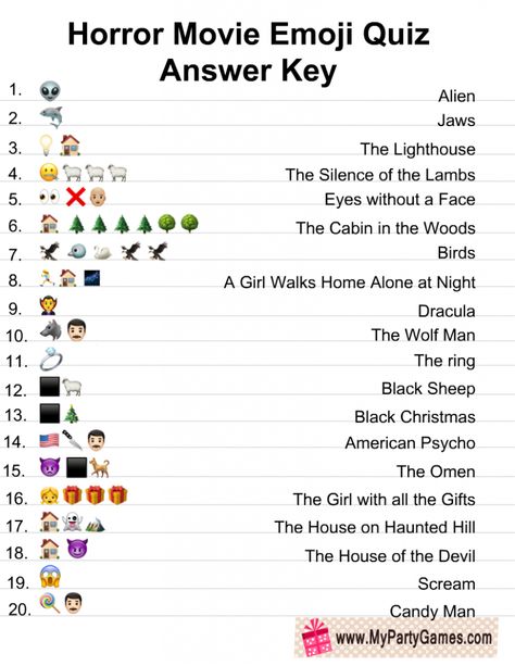 Free Printable Horror Movie Emoji Pictionary Quiz Horror Movie Emoji Quiz, Movie Emoji Game With Answers, Emoji Quiz And Answers, Horror Game Ideas, Guess The Movie Emoji, Emoji Quiz With Answers, Guess The Emoji Answers, Emoji Words, Emoji Answers