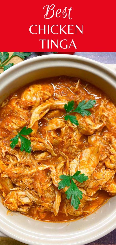 Chicken Tinga Crock Pot Tinga Chicken, Chicken Tinga Crockpot Slow Cooker, Crockpot Chicken Tinga Recipe, Best Chicken Tinga Recipe, Chicken Tinga Authentic, Boiled Mexican Chicken, Tinga In Crockpot, Chicken Tinga Slow Cooker, Tinga Chicken Crock Pot