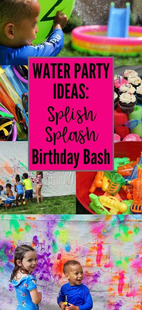 Water party ideas to throw a perfect summer birthday party with sprinklers, water games, kids' mural art. Includes free invitation and sign printables! Water Party Ideas, Kids Water Party, Splish Splash Birthday Bash, Splish Splash Party, Water Birthday Parties, Kids Mural, Water Birthday, 4de Verjaardag, Pool Party Kids