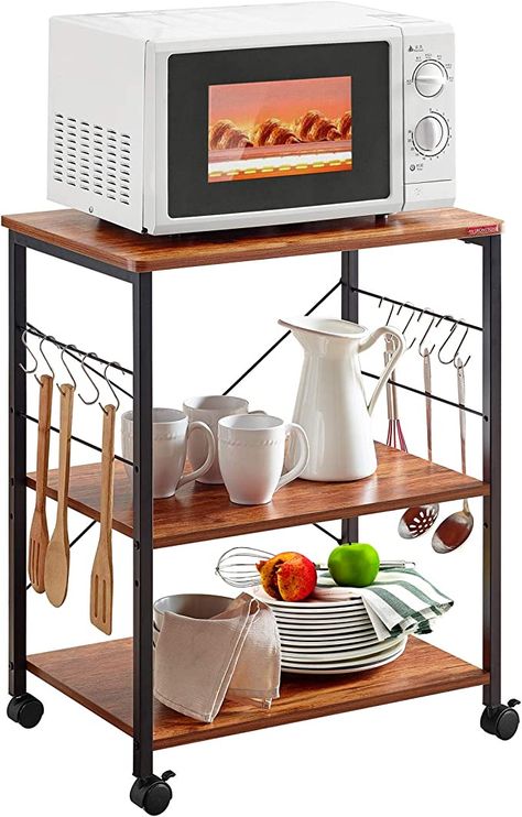 Amazon.com - Mr IRONSTONE Baker's Rack, Kitchen Microwave Cart, Coffee Bar Table Station, 3-Tier Kitchen Utility Storage Shelf with Rolling Wheels Coffee Cart Kitchen Microwave Stand with 10 Hooks, Vintage - Standing Baker's Racks Kitchen Utility Cart, Microwave Cart, Space Coffee, Microwave Stand, Oven Rack, Coffee Cart, Microwave In Kitchen, Bakers Rack, Sleek Kitchen