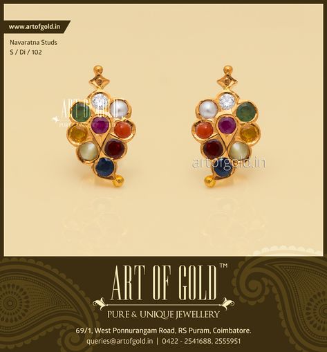 Antique #Navaratna Studs by Art of Gold Jewellery, Coimbatore. Click to enquire. Navaratna Earrings Gold, Navaratna Earrings, Navratna Earrings, Navaratna Jewellery, Gold Jewellery India, Small Earrings Gold, Online Gold Jewellery, Antique Jewellery Designs, Gold Jewelry Simple Necklace