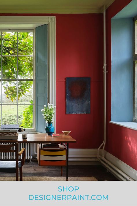 Romesco - A rich, brilliant red evocative of the classic Spanish sauce seen on the walls. Sardine - a silver blue seen on the shutters. Shop both shades now on our website!💙 Spanish Sauce, Farrow Bal, Christopher John Rogers, Bedroom Blanket, Farrow And Ball Paint, Sustainable Kitchen, Farrow And Ball, Storing Paint, Entryway Furniture