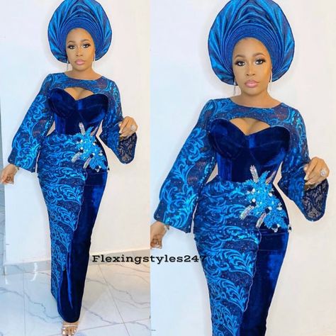 Style For Velvet Gown, Ankara With Velvet Styles, Velvet Lace Dress Asoebi, Iro Gown Style Lace For Bride, Velvet And Lace Asoebi Styles, Chiffon Gown Designs, Latest Chiffon Gown Styles, Print Dress Designs, Chiffon Gown Styles