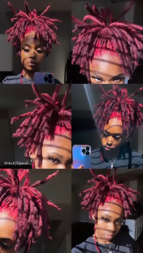 Dye Dreadlocks Black Women, Dread Hairstyles Color, Two Color Hair Dye Ideas Locs, Dyed Dreadlocks Women, Medium Size Starter Locs, Red Locs Black Women Dark Skin, Loc Colors Black Women Dark Skin, Dreadlock Dye Ideas, Pink Dyed Locs