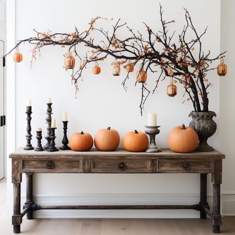 Halloween Indoor Decor - Create a Haunting Entryway Fall And Halloween Decor Together, Halloween Indoor Entryway, Halloween Branches Decorations, Fall Halloween Shelf Decor, Fall Halloween Decor Ideas For The Home, Halloween Fall Home Decor, Halloween Decorations Indoor Cute, Halloween Entrance Table, Fall Halloween Table Decor