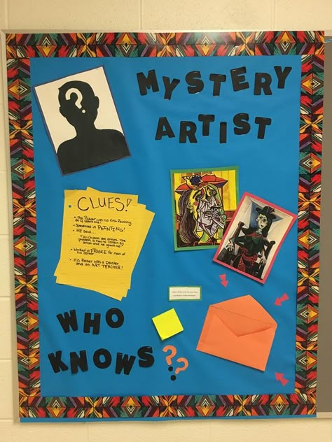 Bulletin Board on a Mystery artist for my third grade class. Mystery Artist Bulletin Board, Elementary Art Classroom Decorations Bulletin Boards, Art Careers Bulletin Board, Interactive Art Bulletin Boards, Post It Masterpiece Bulletin Board, Back To School Art Bulletin Boards, Artist Of The Week Bulletin Board, Art Themed Bulletin Boards, Elementary Art Bulletin Board Ideas