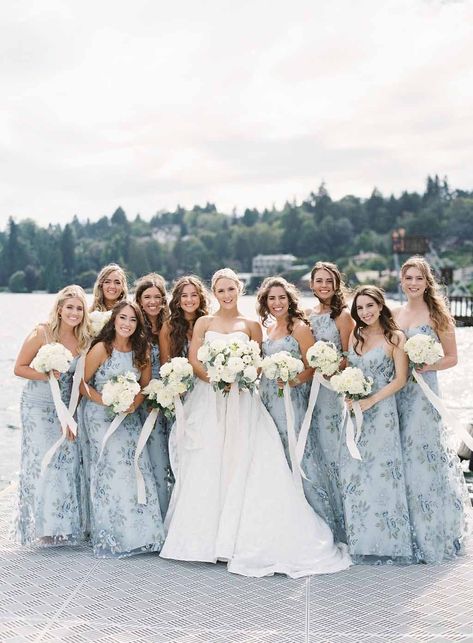 Summer Bridal Party, Scoop Neck Bridesmaid Dress, Pnw Summer, Romantic Summer Wedding, Classic Weddings, Lake Washington, Blue Bridesmaid Dress, Chic Brides, Romantic Summer