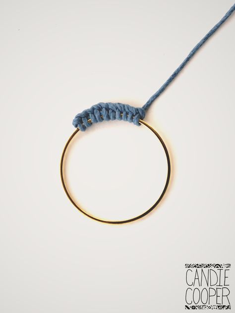 Macrame around a ring Crocheting Around A Ring, How To Macrame Around A Hoop, How To Cover A Ring With Macrame, How To Wrap A Macrame Ring, How To Wrap A Hoop Macrame, Macrame Around A Hoop, Metal Ring Macrame Diy, Macrame On Ring, Macrame Around A Ring