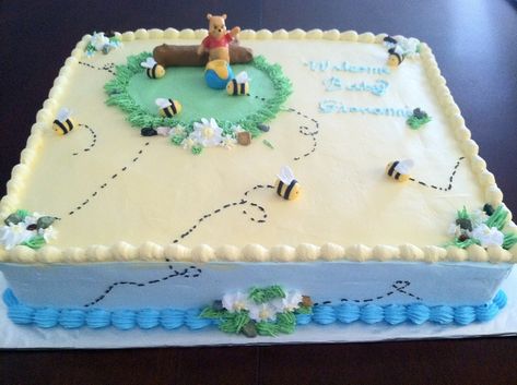 Winnie The Pooh Baby Shower Cake Winnie The Pooh Sheet Cake Ideas, Winnie The Pooh Baby Shower Ideas Cake, Winnie The Pooh Sheet Cake, Pooh Baby Shower Cake, Cake Sayings, Baby Shower Cake Sayings, Baby Shower Sheet Cakes, Pooh Pictures, Pooh Cake