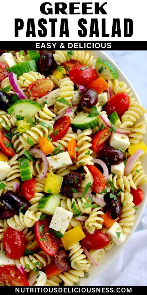 This Greek Pasta Salad brings an array of fresh colorful veggies, creamy feta, and Kalamata olives, all tossed with tangy Greek dressing. Meditteranean Pasta Salad, Kalamata Olive Recipes Pasta, 3 Color Pasta Salad, Colored Pasta Salad, Greek Pasta Salad Dressing, Pasta Salad Ideas, Creamy Italian Pasta Salad, Greek Meals, Tri Color Pasta Salad