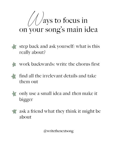 Metaphors For Songwriting, Songwriting Ideas Inspiration, Song Making Tips, Songwriting Tips Cheat Sheets, Song Concept Ideas, How To Write Song Lyrics Tips, Songwriting Inspiration Ideas Words, Song Writing Tips For Beginners, How To Start A Song