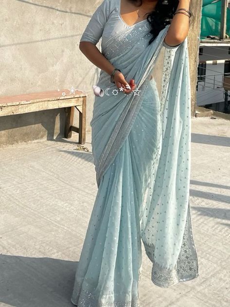 Saree, Blue, White