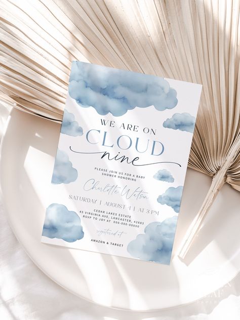 ON CLOUD NINE | Baby Shower Invitation Template, Printable, Dusty Blue, Baby Boy, We Are On Cloud 9 Invite, Digital Download Cloud Baby Shower Theme, Baby Shower Blue, On Cloud Nine, Bridal Shower Invitations Templates, Boy Baby Shower Themes, Invitation Baby Shower, Baby Shower Winter, Cloud Nine, Baby Shower Invites