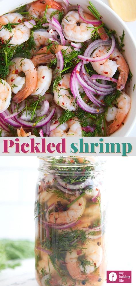 These Southern pickled shrimp are one delicious and easy appetizer! Fun and colorful to serve, they are perfectly briny with just a little spice. They make for a wonderful addition to serve at a party. Pickled Shrimp Salad, Pickled Seafood Recipe, Pickled Shrimp Recipe Appetizers, Pickled Shrimp Cooks Country, Pickled Shrimp With Capers, Picked Shrimp, Canning Shrimp, Pickled Appetizers, Marinated Shrimp Appetizer Cold