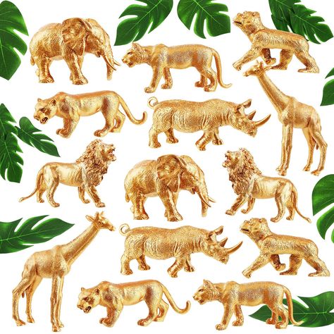 PRICES MAY VARY. What you get: this wild animals set includes 14 pieces animals figures toys in 7 different kinds of forest animal statue toys, including lions, tiger, orangutans, rhinoceros, cheetah, elephants, giraffes, 2 pieces of each animal, and 12 pieces of 6 inch artificial tropical palm leaves, this set will decorate your tropical party more attractive and happier Quality materials: realistic animals playset is made of PVC material and colored with reliable metallic gold paint, the surfa Topper Safari, Animal Figurine Toys, Animal Party Decorations, Kids Birthday Cake, Metallic Gold Paint, Tropical Palm Leaves, Gold Animals, Kids Imagination, Safari Theme