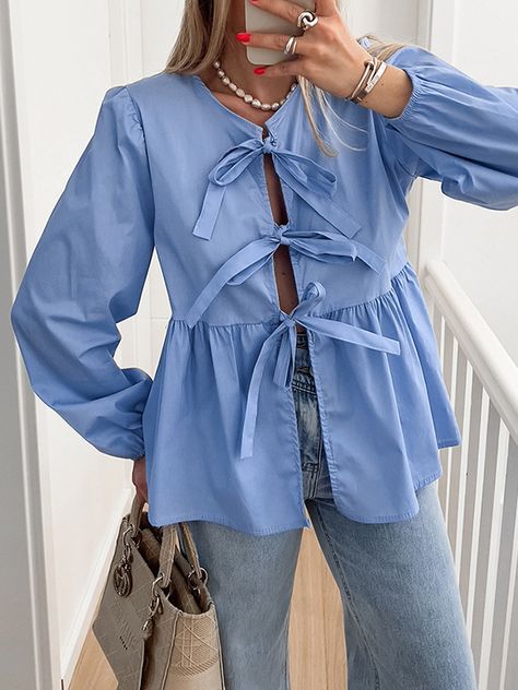 Long Sleeves Loose Elasticity Solid Color Split-Joint Tied Round-Neck Blouses & Shirts Tops BLUE-S Flare Shirt, Puff Long Sleeves, Mini Robes, Elegant Blouses, Peplum Blouse, Summer Fabrics, Elegant Shirt, Loose Blouse, Grunge Style