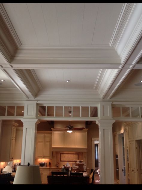 Coffered ceiling Coffered Ceiling With Shiplap, Coffered Ceiling Kitchen, Painted Coffered Ceiling, Tutor House, Wood Coffered Ceiling, Waffle Ceiling, Coffer Ceiling, Coffered Ceiling Design, French Kitchens