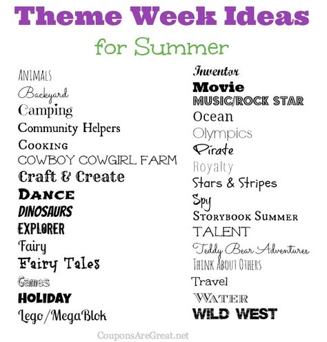 Frugal Summer Fun Ideas: Summer Theme Week Ideas.  Great list so we will never be bored!  Lots of ideas linked in the post as well. Theme Week Ideas, Summer Camping Ideas, Summer Fun Ideas, Summer Camp Themes, Camping Activities For Kids, Summer Camp Activities, Summer Schedule, Summer Preschool, Theme Days