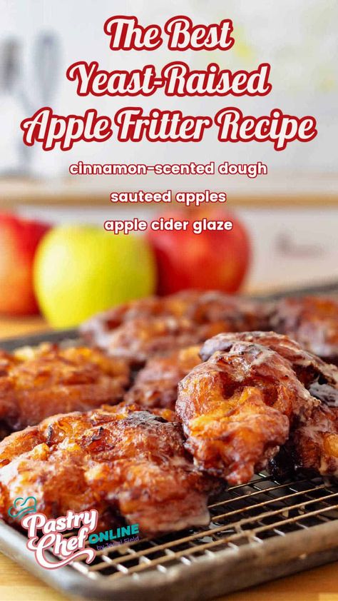 Pin image for apple fritters. Text reads, "The best yeast-raised apple fritters: cinnamon-scented dough, sauteed apples, apple cider glaze." Image shows fritters cooling on a cooling rack with 2 red and 1 green apple in the background. Deep Fried Apple Fritters, Yeast Apple Fritters, Apple Fritters Air Fryer, Red Apple Recipes, Baked Apple Fritters Recipe, Apple Fritters Cake Recipe, Sweet Fritters, Apple Fritter Recipe, Sauteed Apples