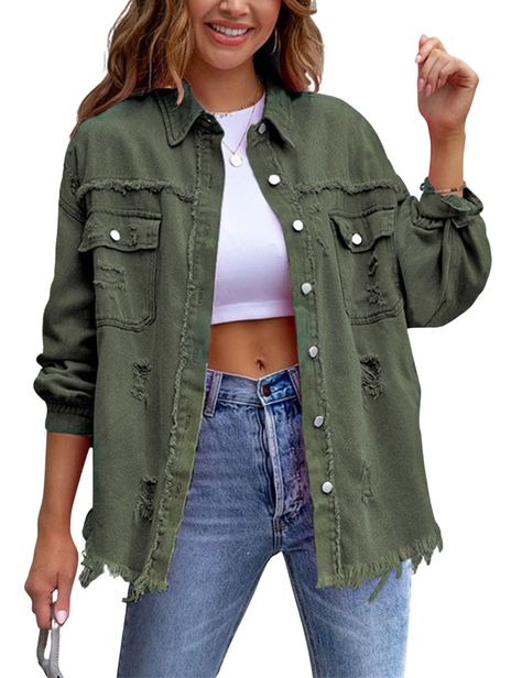 PRICES MAY VARY. 100% Polyester Imported Button closure Machine Washing Oversized denim trucker jackets Features: jacket for women,ripped and distressed denim, turn down collared neckline,button closure,pair with high waist leggings or jeans is a good choice Womens distressed washed long sleeve shacket frayed hem ripped jackets,women basic jean jacket is stretch denim fabric wear more comfort Jean jacket for women distresse frayed destroyed denim jackets ladies coats with pockets,great denim out Lapel Coat, Camisa Jeans, Mid Length Sleeves, Rugged Style, Oversized Denim Jacket, Distressed Denim Jacket, Denim Jacket Women, Ripped Denim, Women Denim Jeans