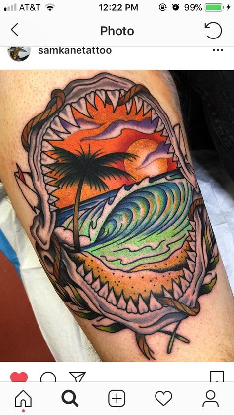 Man Surfing, Tattoo Beach, Traditional Tattoo Old School, Traditional Style Tattoo, Sailor Jerry Tattoos, Sea Tattoo, Thigh Piece, Beach Tattoo, Shark Tattoos