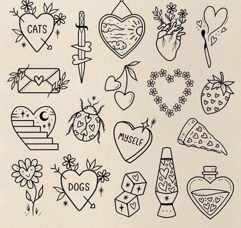 Cute Designs For Tattoos, Animal Doodle Tattoo, Meaningful Flash Tattoos, Flash Tattoo For Couples, Medium Simple Tattoos, Groovy Flash Tattoo, Aesthetic Tattoo Flash, 2 In Tattoos, Cool Doodle Designs