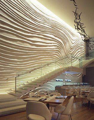 The Blue Fin Restaurant W Times Square Wall Surface Interiors   Interior design Yabu Pushellberg Contemporary Staircase Design, Wall Of Light, Design Interior Modern, Textures Murales, Contemporary Staircase, Hospitality Design, Staircase Design, Textured Wall, Restaurant Interior