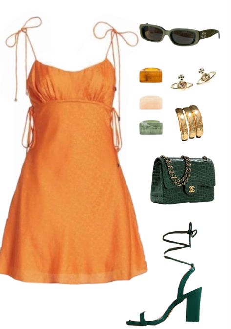 #fashion #lookbook #outfit #aesthetic #orange #dress #green #heels #strappyheels #goldjewelry #stones #nightout #classy Aesthetic Orange, Green Heels, Outfit Aesthetic, Fashion Lookbook, Orange Dress, Strappy Heels, Night Out, Gold Jewelry, Lookbook